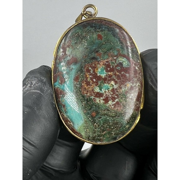 Natural Turquoise Pendant Metal Brass Handmade With Rope - Picture 4 of 11